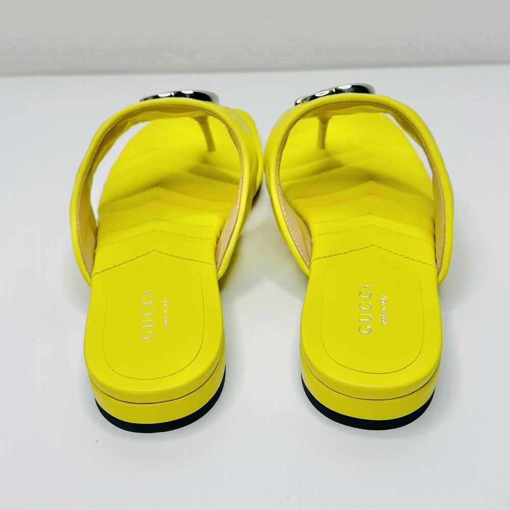 Gucci Marmont Chevron Double G 37/ US 7 Thong Sandals Lime Yellow Leather NIB - Picture 10 of 13